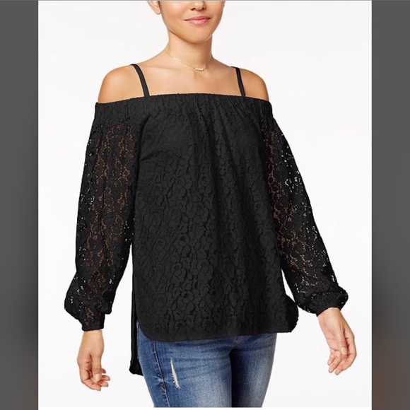 7 Sisters Tops - Black Floral Lace Off-The-Shoulder High Low Top